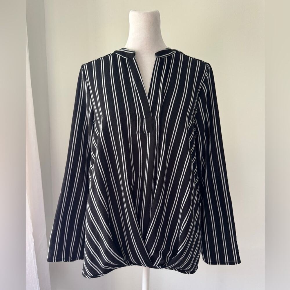 Lynn Ryan Black & White Striped Roll Tab Blouse